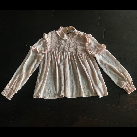 Smoked ruffle swiss dot blouse in nude pink! - Picture 3 of 4
